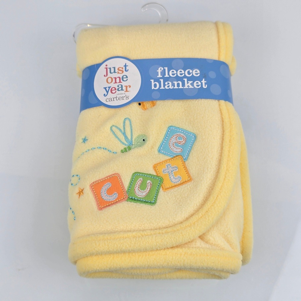 Just One Year Carter's Yellow Fleece Baby Blanket CUTE Blocks Dragonfly Bee NEW